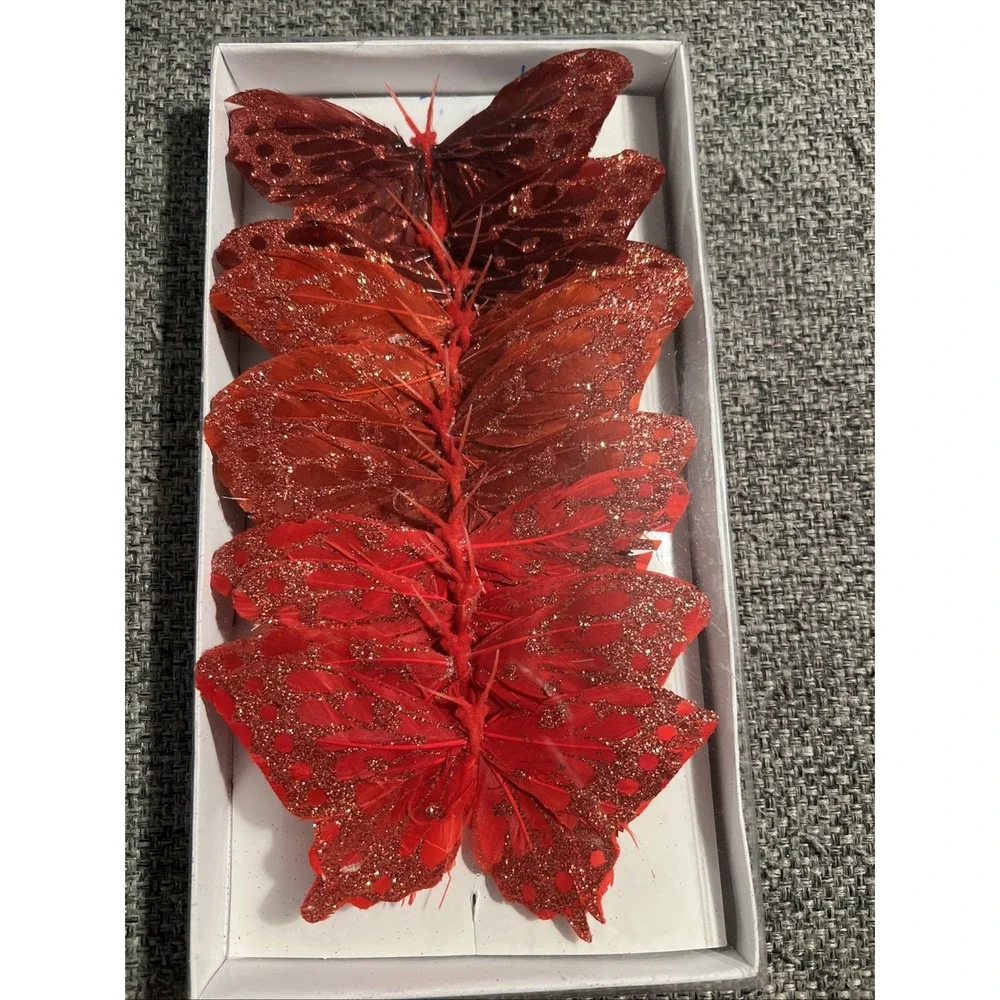Butterflies Dark Burgundy‎ Red Wired Painted Feather Glitter 5